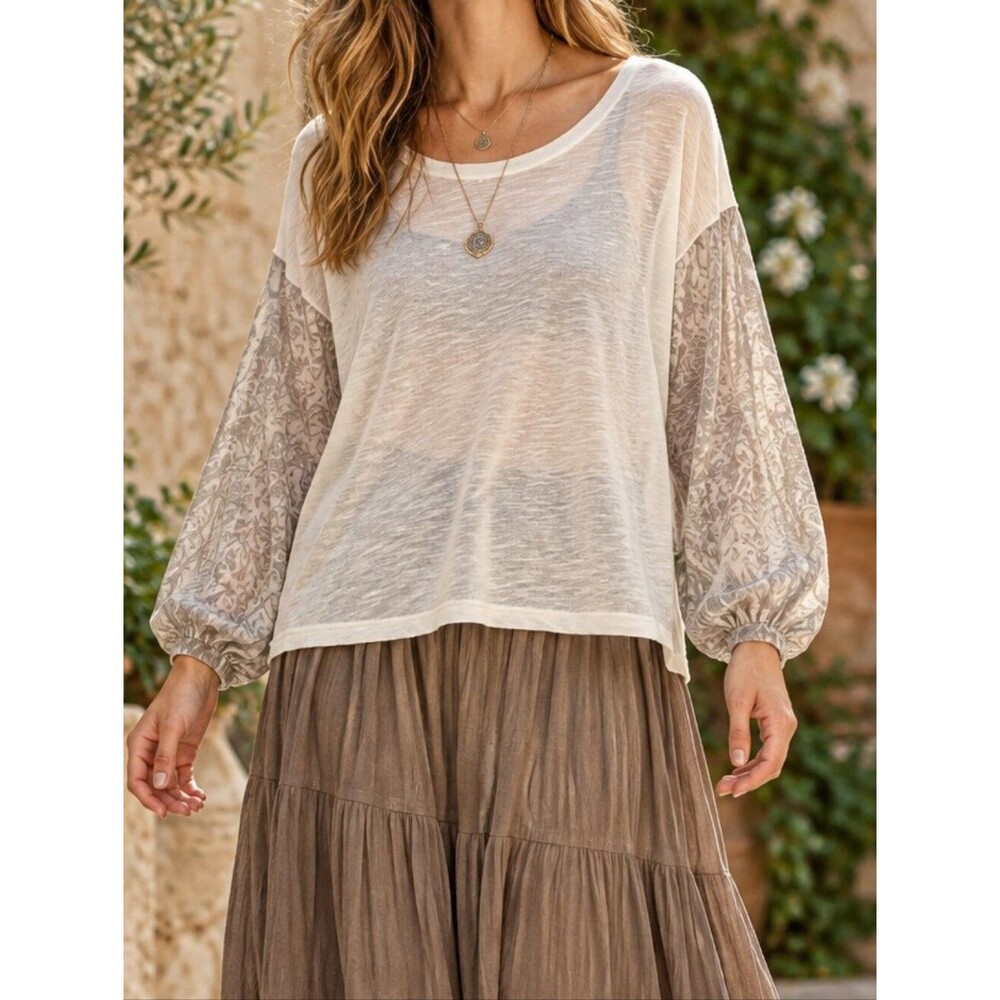 Sheer Twisted Open Back Top L Cream Animal Print Sleeves Boho Quiet Luxury